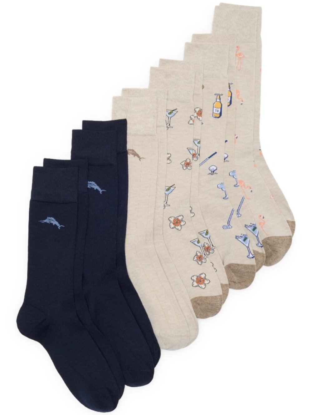 Tommy Bahama 6 Pack Crew Socks Martinis Golf Flamingos Marlin Navy Beige $82.50
